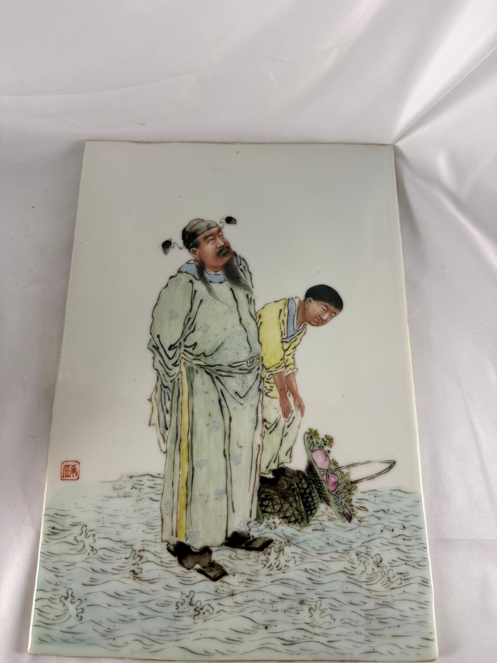 Chinese enameled famille rose figures Porcelain China plaque red seal mark: Size: 12.9x8.6 inches/ 32.6x21.9 cm. Provenance: From Dover DE collector. We can offer Affordable, Reliable packing and shipping to all over the world for most items, generally save 10% than most ship