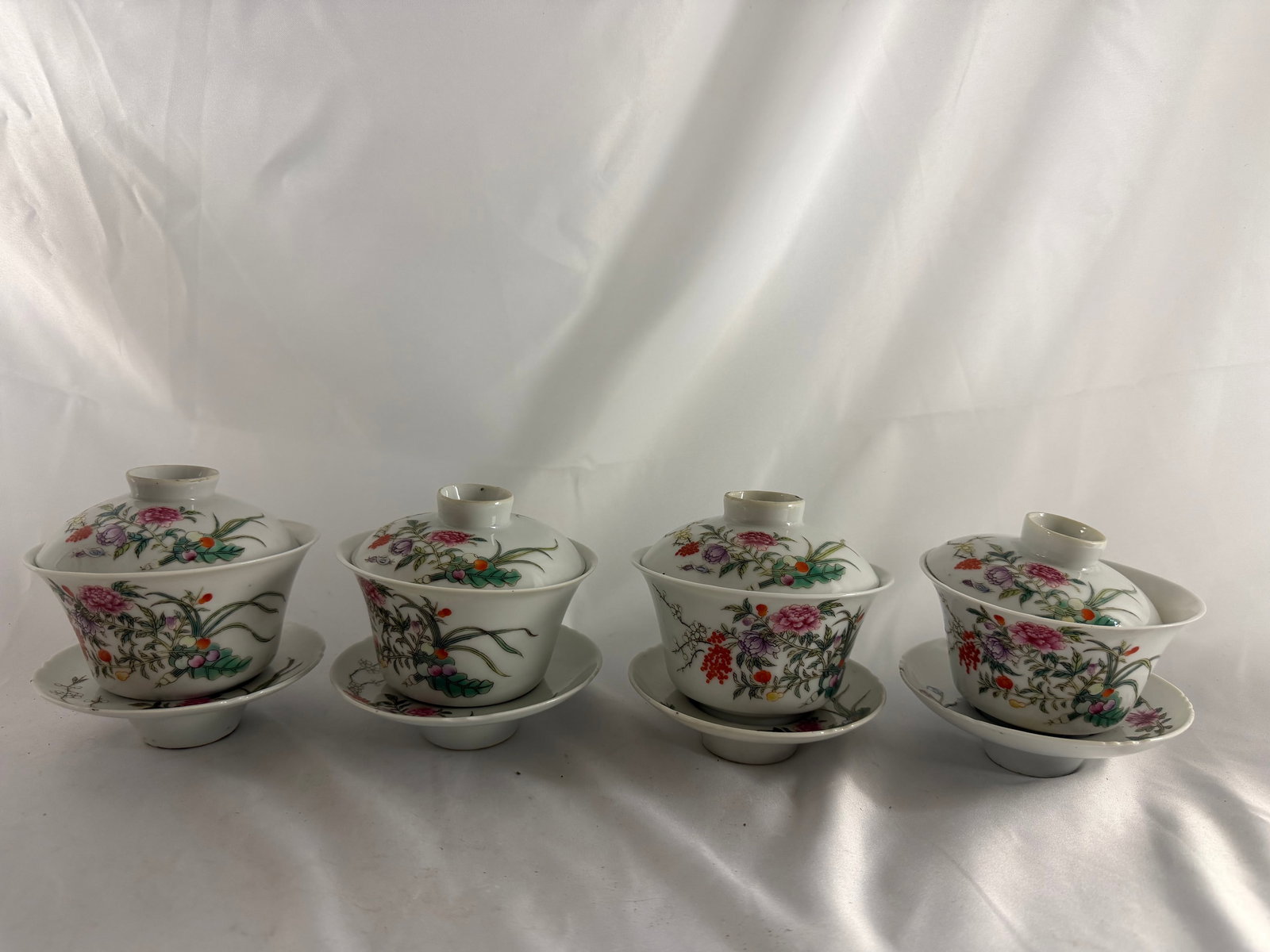 Set of 4 Chinese enameled famille rose Flowers Porcelain China tea cups set red mark: Size: 4.1 inches/ 10.2 cm. Provenance: From Strickersville PA collector. We can offer Affordable, Reliable packing and shipping to all over the world for most items, generally save 10% than most shipp