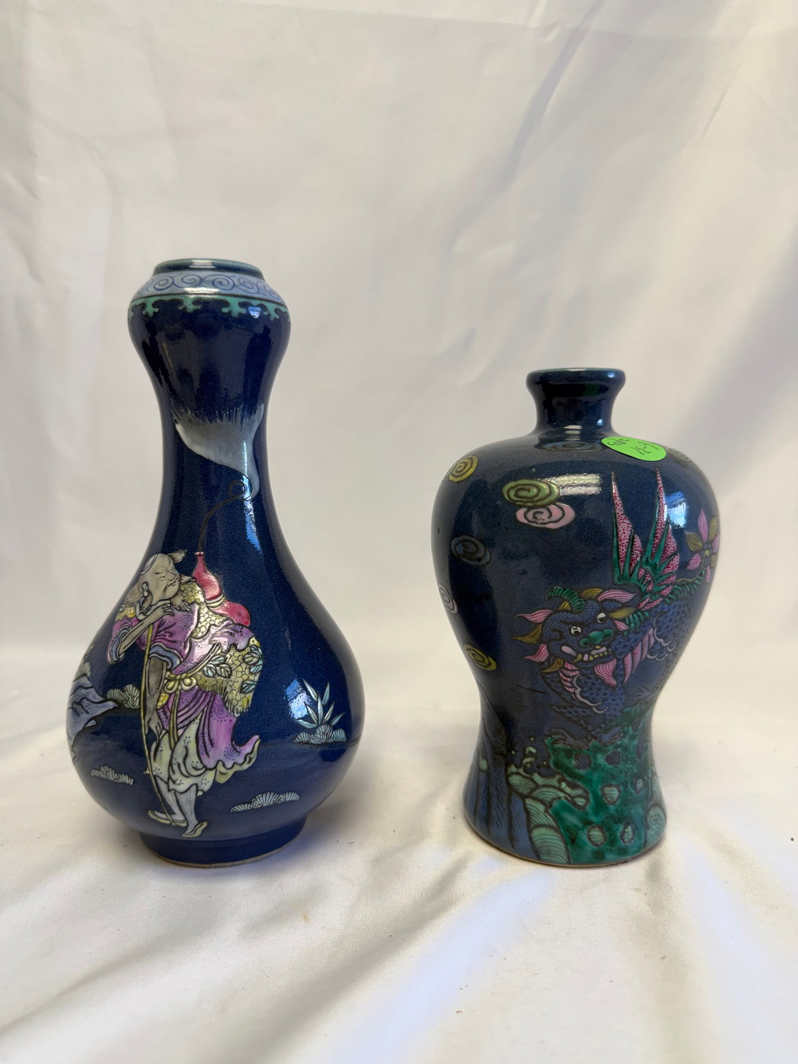 Set Of 2 Chinese Blue Glazed Famille Rose Lion And Men Porcelain Vase: Size: 6.5-9 inch. Provenance: From Hockessin DE collector. Preview Day: Preview open On Jun 13th Sat 10AM-4 PM, welcome. We can offer Affordable, Reliable packing and shipping to all over the world fo