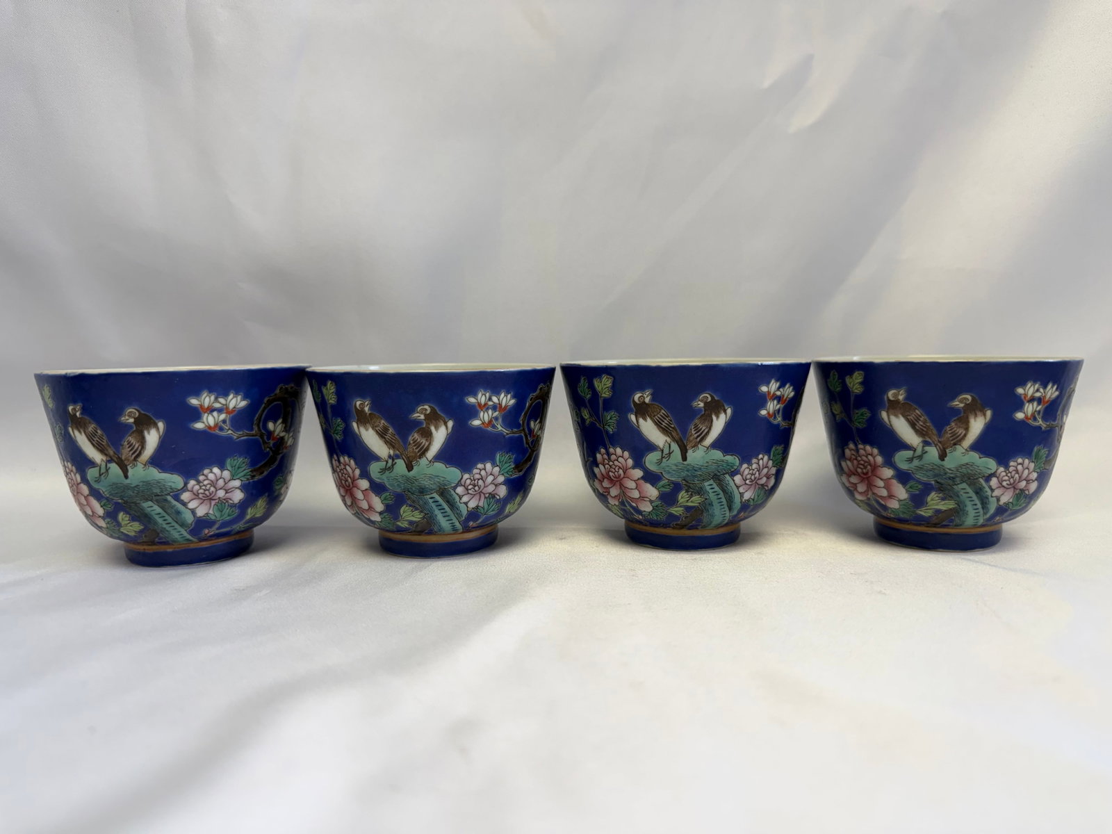 Set Of 4 Chinese Blue Glazed Enameled Famille Rose Birds Porcelain China Cups Mark (1 of 10)