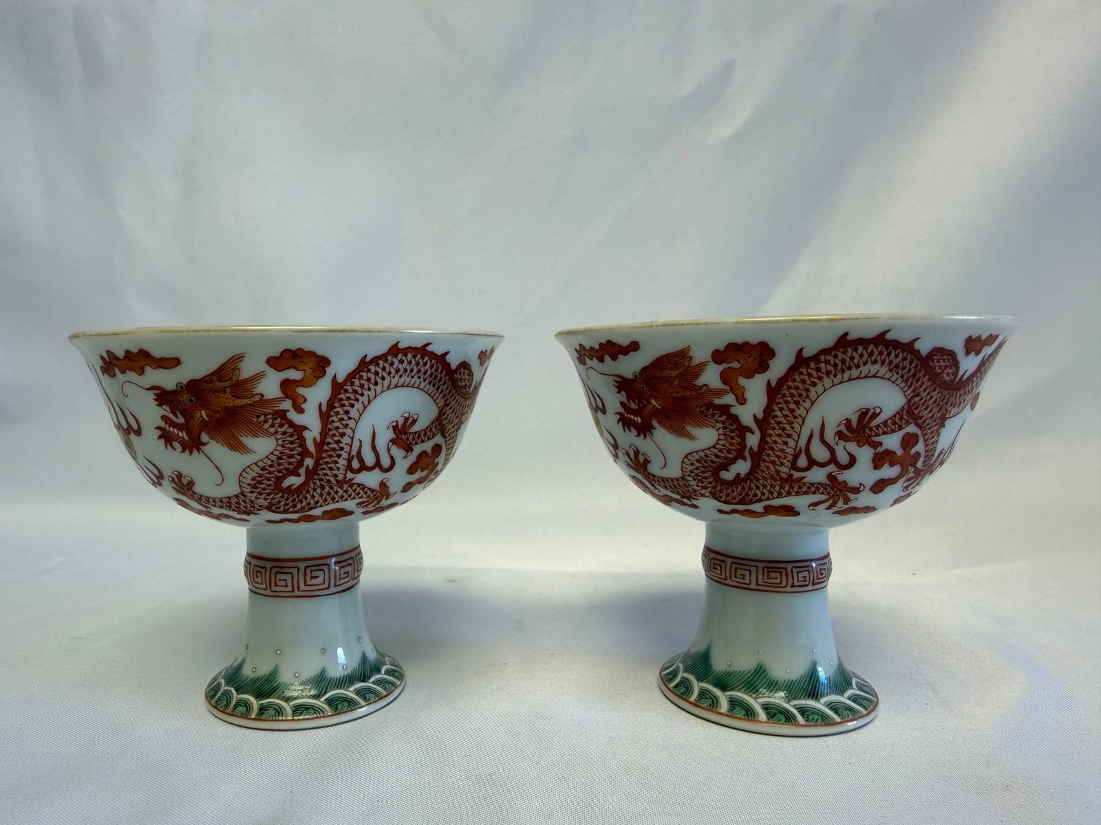 Set Of 2 Chinese Enameled Famille Rose Red Dragons Porcelain China Foot Cups (1 of 10)