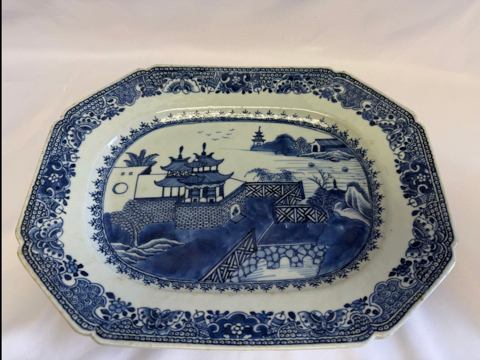 Chinese Export Blue And White Landscape NANKING Porcelain China Large Charger: Size: 12.5x9.6 inch. Provenance: From Dover DE collector. Preview Day: Preview open On Jun 13th Sat 10AM-4 PM, welcome. We can offer Affordable, Reliable packing and shipping to all over the world for