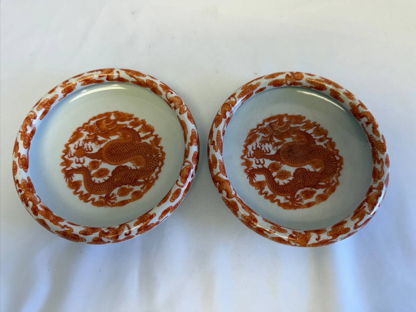 Pair Of Chinese Export Enameled Famille Rose Red Dragons Porcelain China Charger Plate Blue Mark: Size: 5.5 inch. Provenance: From Dover DE collector. Preview Day: Preview open On Jun 13th Sat 10AM-4 PM, welcome. We can offer Affordable, Reliable packing and shipping to all over the world for most