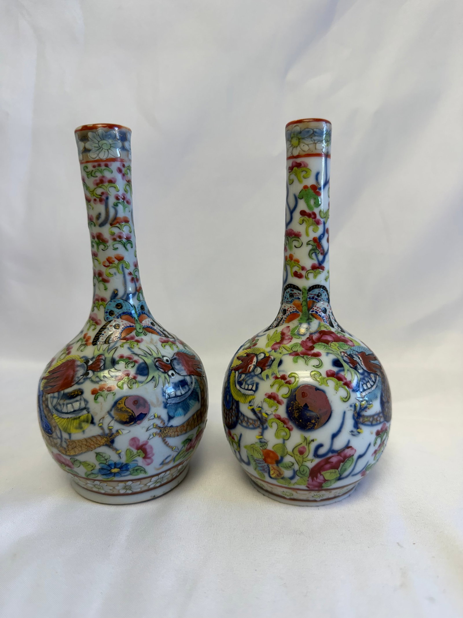Pair Of Chinese Enameled Famille Rose Blue And White Gilded Porcelain China Vases (1 of 8)