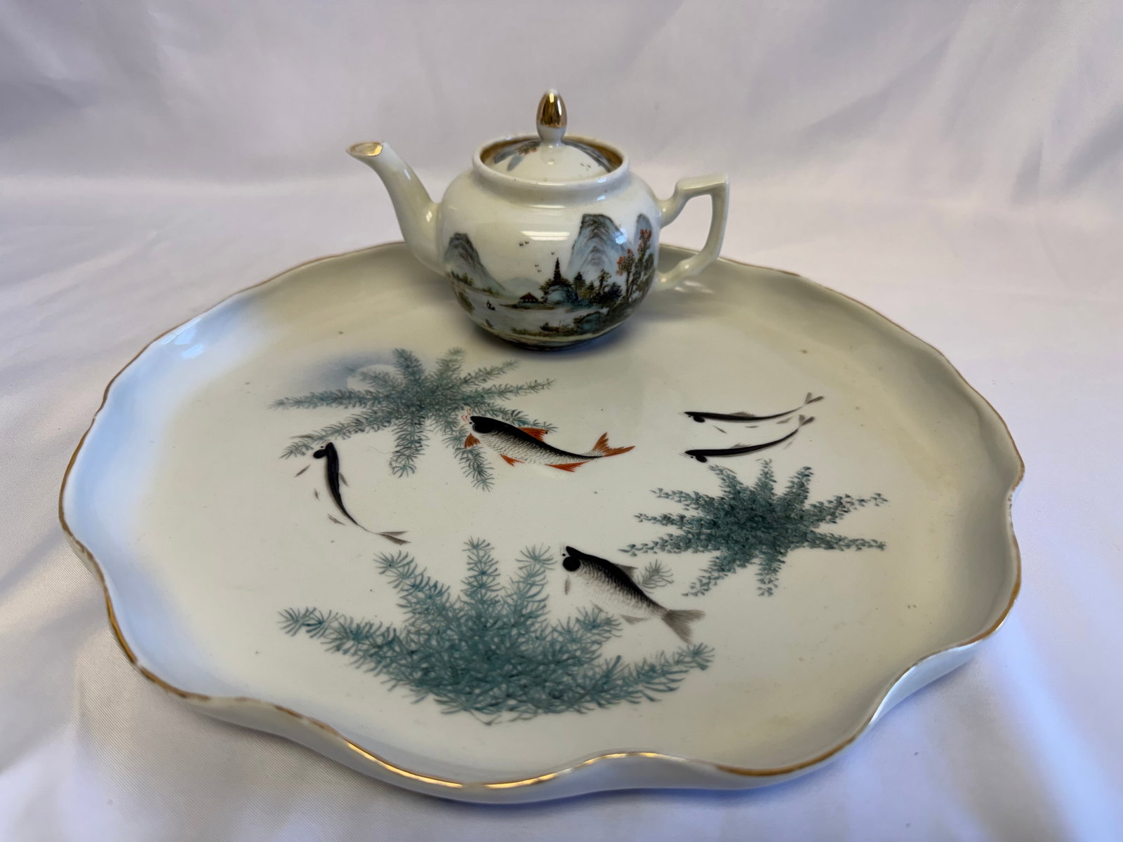 Set Of 2 Chinese Enameled Famille Rose Landscape Porcelain China Tea Pot And Fish Charger (1 of 14)