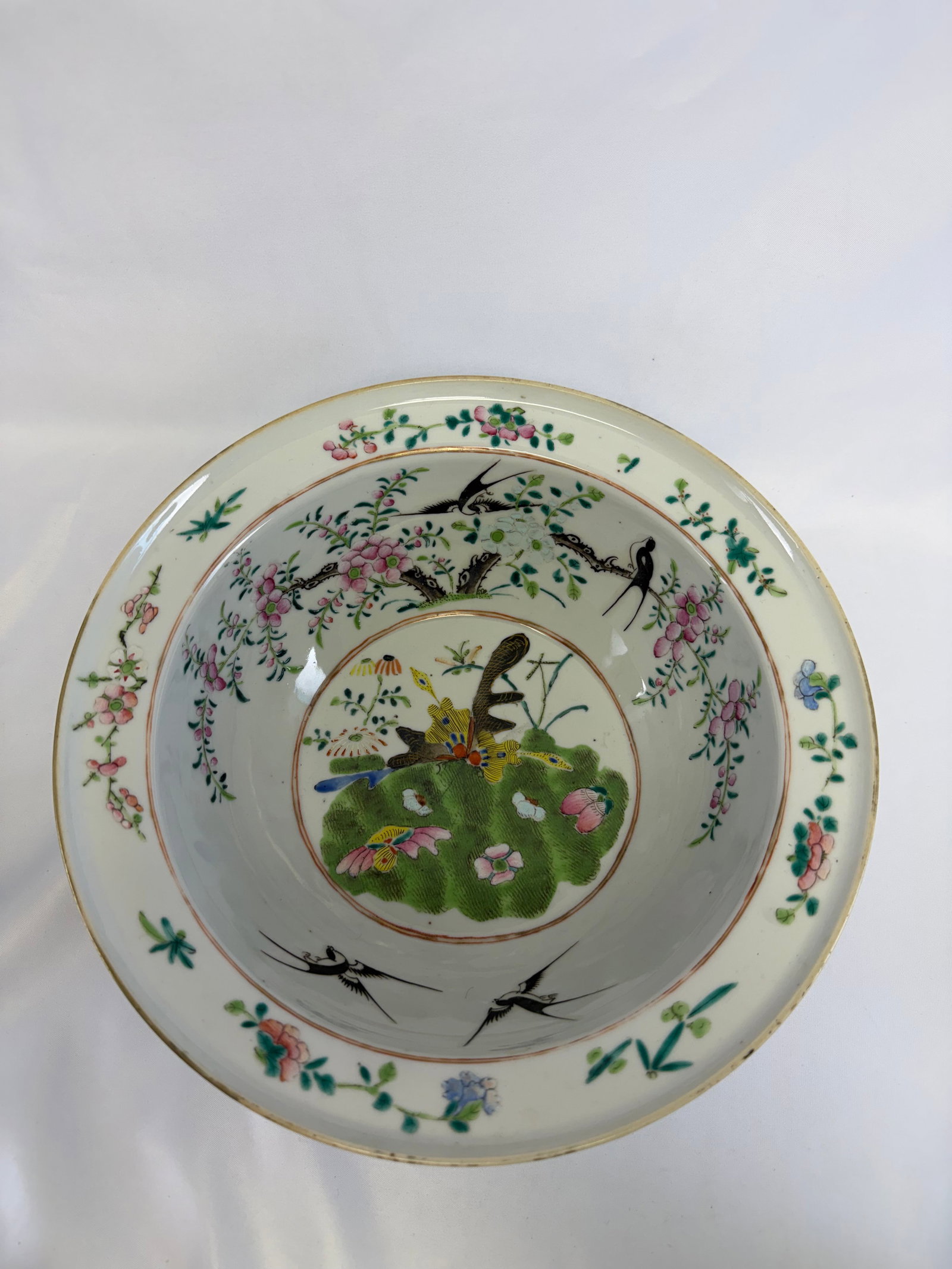 Chinese Enameled Famille Rose Birds And Butterfly Porcelain China Large Bowl (1 of 8)