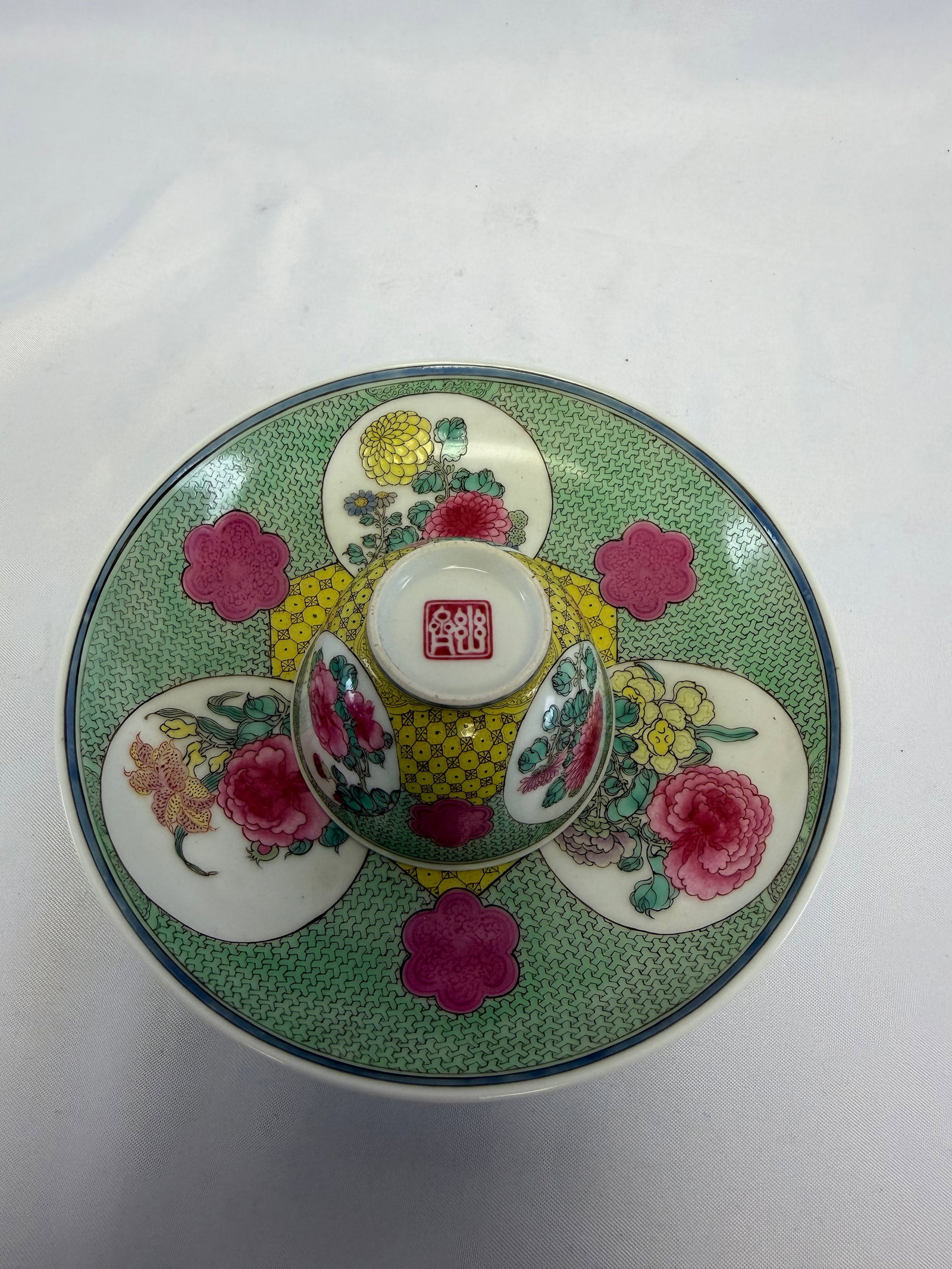 Chinese Export Enameled Famille Rose Flowers Porcelain China Cup And Saucer Red Mark: Size: Saucer 5.6 inch. Provenance: From New Castle DE collector. Preview Day: Preview open On Jun 13th Sat 10AM-4 PM, welcome. We can offer Affordable, Reliable packing and shipping to all over the wo
