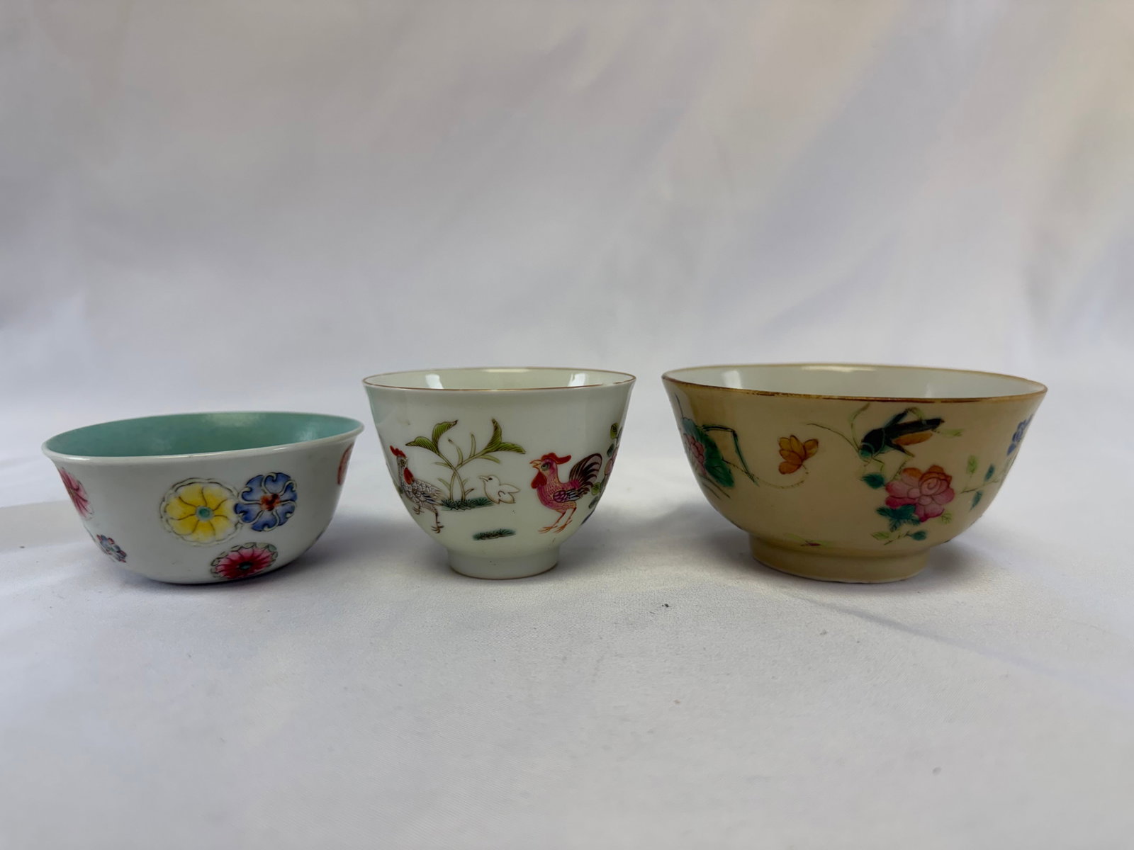 Set Of 3 Chinese Enameled Famille Rose Porcelain China Cups Qianlong Mark (1 of 11)
