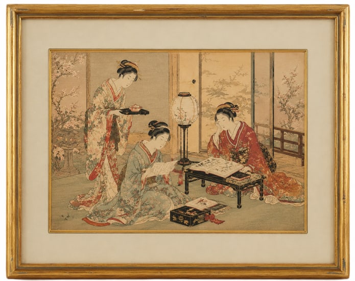 JAPANESE SCENE PAINTING FRAMED A: Size: 12x16 inch. Provenance: From New Castle DE collector. Preview Day: Preview open On Jun 13th Sat 10AM-4 PM, welcome. We can offer Affordable, Reliable packing and shipping to all over the world f