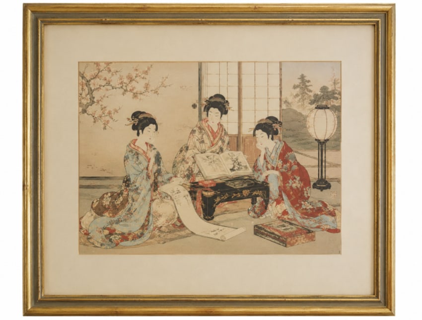 JAPANESE SCENE PAINTING FRAMED B: Size: 12x16 inch. Provenance: From New Castle DE collector. Preview Day: Preview open On Jun 13th Sat 10AM-4 PM, welcome. We can offer Affordable, Reliable packing and shipping to all over the world f