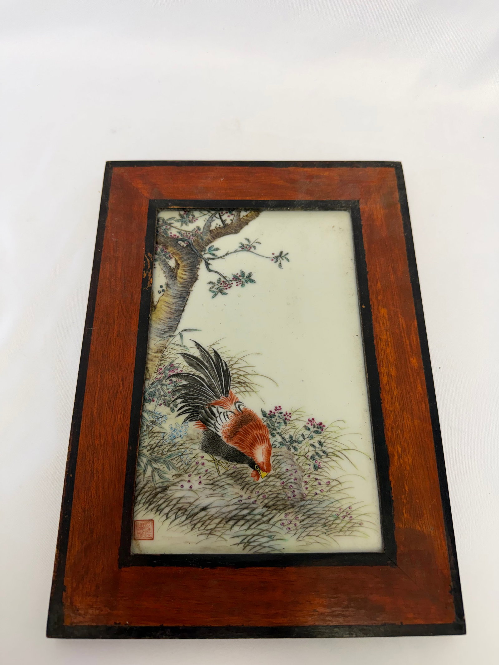 Chinese Enameled Famille Rose Rooster Porcelain China Plaque Framed Red Seal Mark: Size: 10x7 inch. Provenance: From New Castle DE collector. Preview Day: Preview open On Jun 13th Sat 10AM-4 PM, welcome. We can offer Affordable, Reliable packing and shipping to all over the world fo