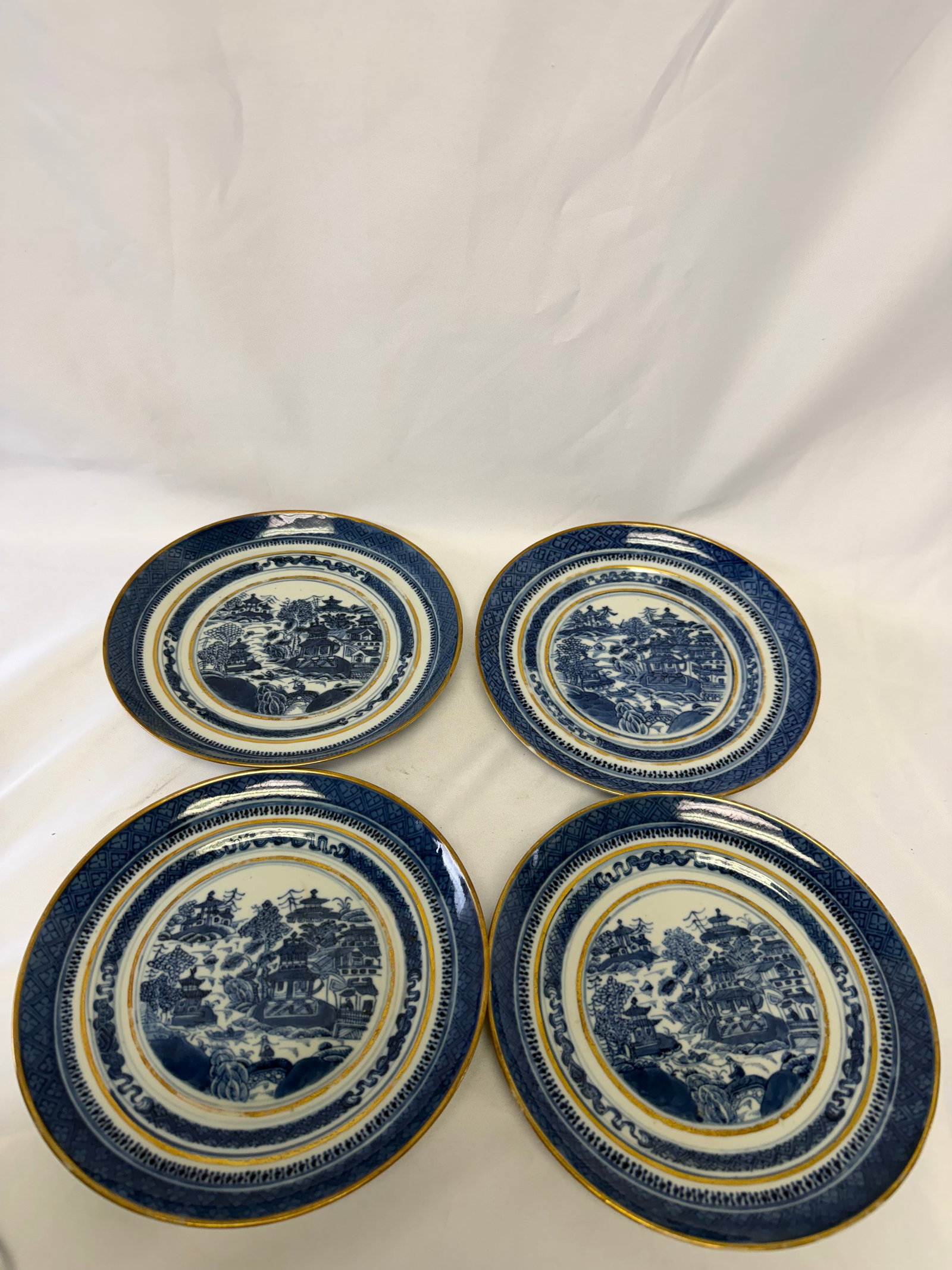 Set Of 4 Chinese Blue And White Gilded Landscape Porcelain China Plates (1 of 5)