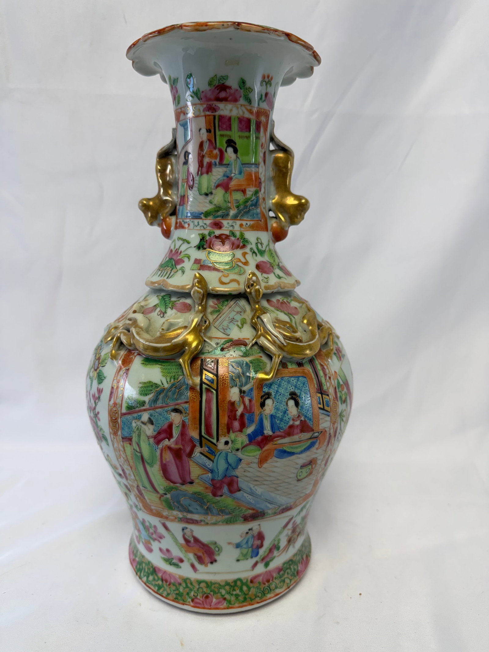 Large Chinese Enameled Famille Rose Gilded Mandarin Porcelain China Vase: Size: 14 inch. Provenance: From York PA collector. Preview Day: Preview open On Jun 13th Sat 10AM-4 PM, welcome. We can offer Affordable, Reliable packing and shipping to all over the world for most i