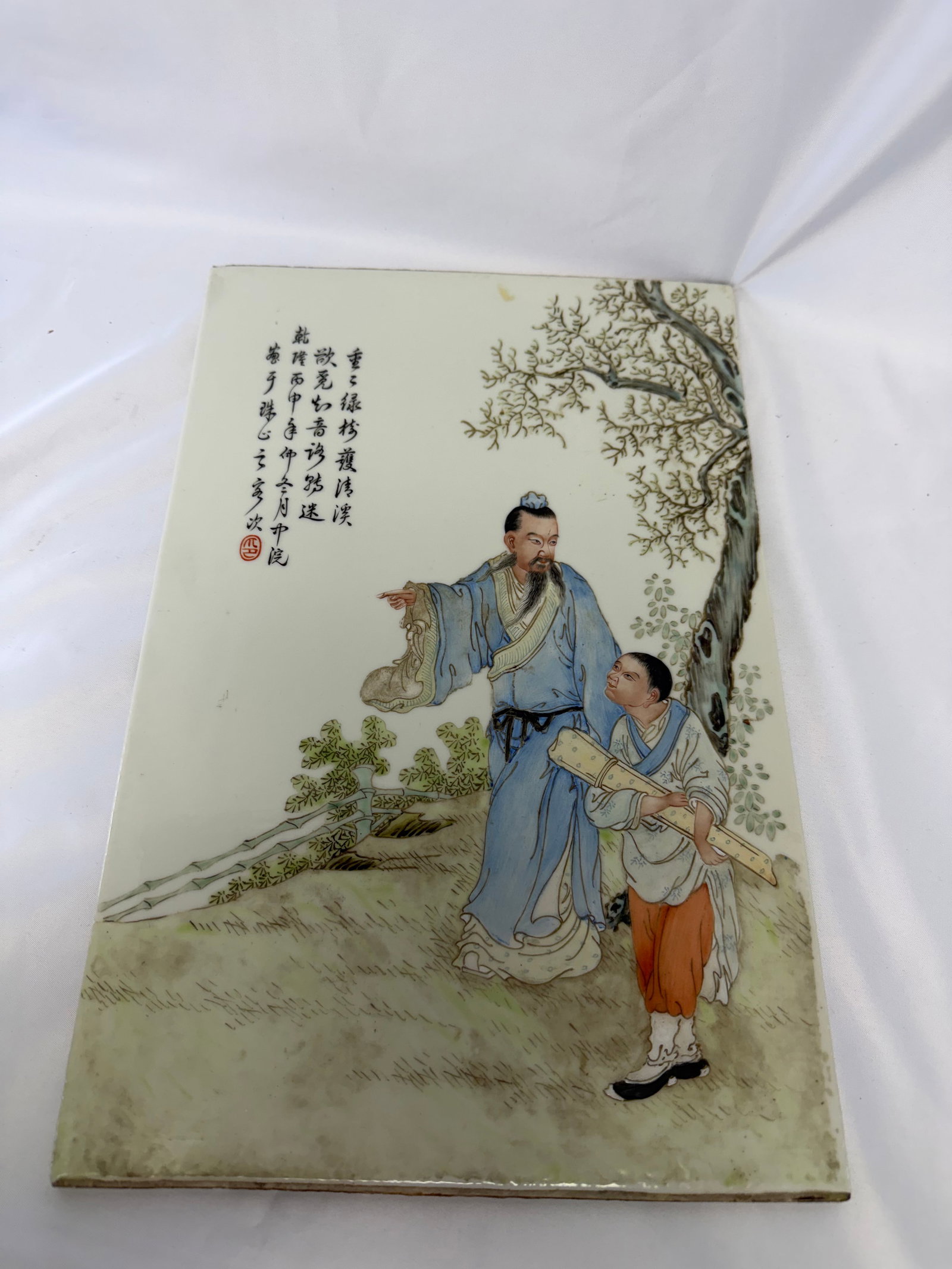Chinese Enameled Famille Rose Figures Scene Old Man And Child Porcelain China Schloar Sign Plaque (1 of 9)