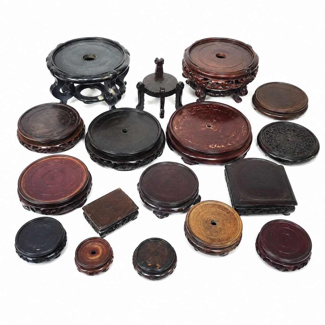 Chinese Wood Bases Set A: Size: 3.5-8 inch. Provenance: From edison NJ collector. Preview Day: Preview open On Sep 5th Sat 10AM-4 PM, welcome. We can offer Affordable, Reliable packing and shipping to all over the world for mo