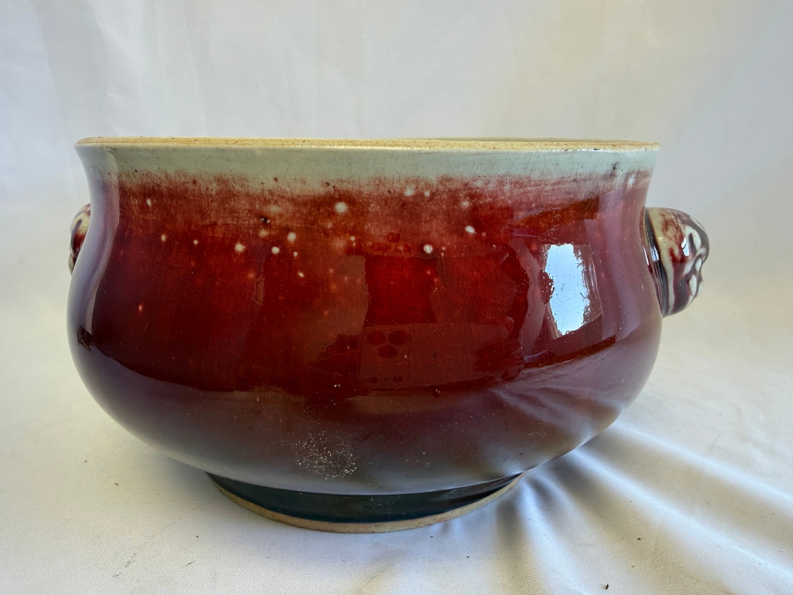 Chinese red glazed porcelain ice crack glazed incense burner: Size: width 7 inch. Provenance: From edison NJ collector. Preview Day: Preview open On Sep 5th Sat 10AM-4 PM, welcome. We can offer Affordable, Reliable packing and shipping to all over the world for 