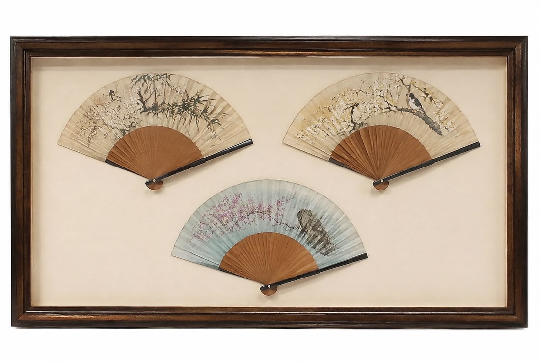 Japanese Fans in a Beautiful Framed: Size: Framed 35.5 x 17.5 inch. Provenance: From harrison NJ collector. Preview Day: Preview open On Sep 5th Sat 10AM-4 PM, welcome. We can offer Affordable, Reliable packing and shipping to all over t