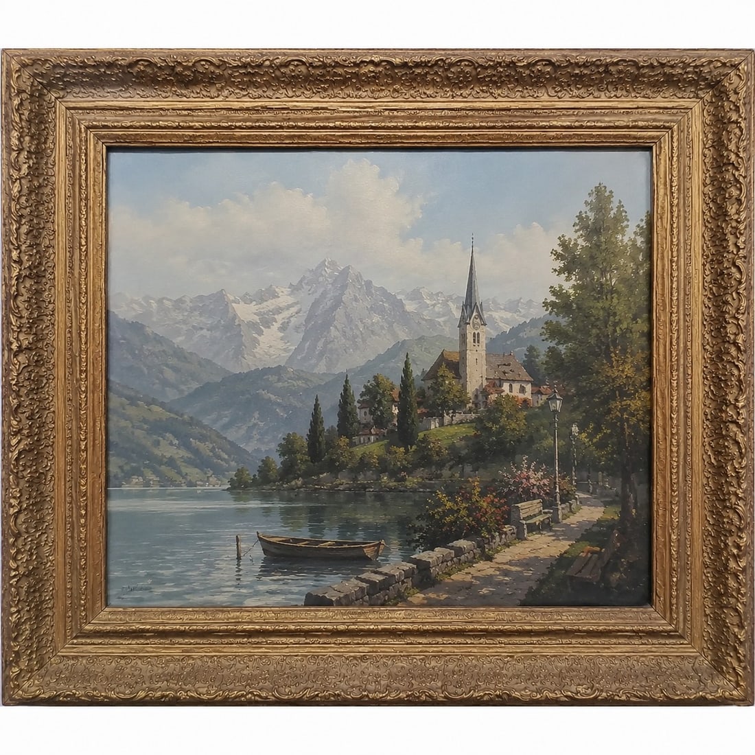 Oil painting Snow Hill and church framed: Size: Framed 28 x 24 inch. Provenance: From harrison NJ collector. Preview Day: Preview open On Sep 5th Sat 10AM-4 PM, welcome. We can offer Affordable, Reliable packing and shipping to all over the w