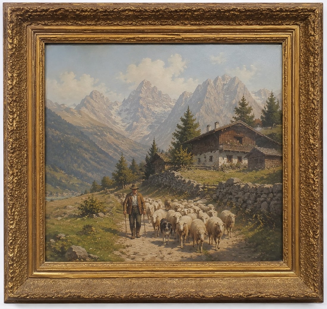 Oil painting Snow Hill and shepherd: Size: Framed 28 x 24 inch. Provenance: From harrison NJ collector. Preview Day: Preview open On Sep 5th Sat 10AM-4 PM, welcome. We can offer Affordable, Reliable packing and shipping to all over the w