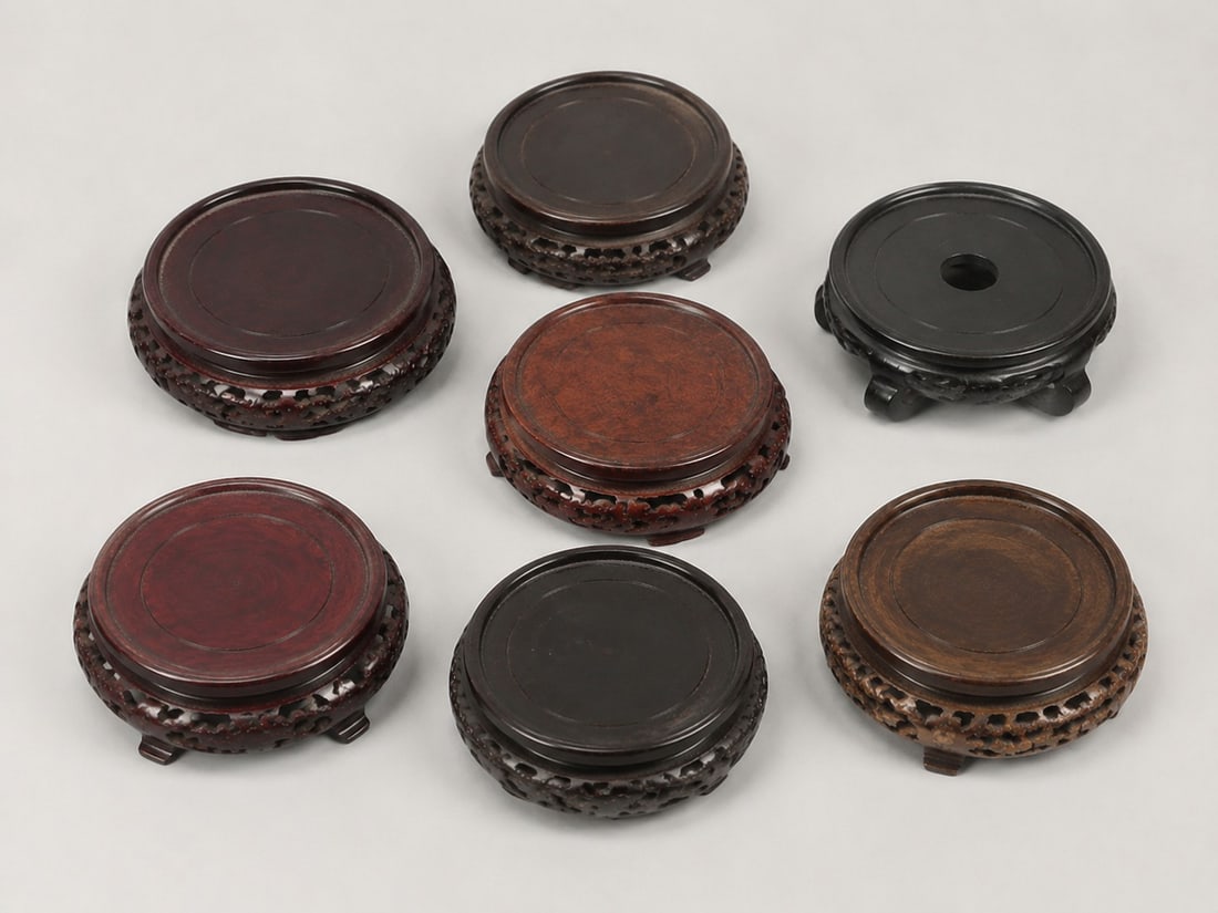 Set of 7 wooden stands: Size: 3.5 inch. Provenance: From malvern PA collector. Preview Day: Preview open On Sep 5th Sat 10AM-4 PM, welcome. We can offer Affordable, Reliable packing and shipping to all over the world for mos