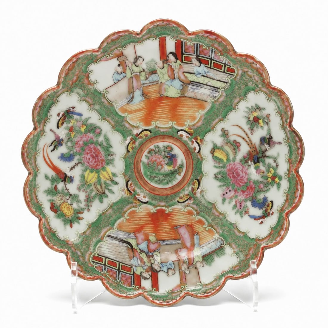 Chinese Export Porcelain Famille Rose Celadon plate: Size: 8 inch. Provenance: From Christiana DE collector. Preview Day: Preview open On Sep 5th Sat 10AM-4 PM, welcome. We can offer Affordable, Reliable packing and shipping to all over the world for mo