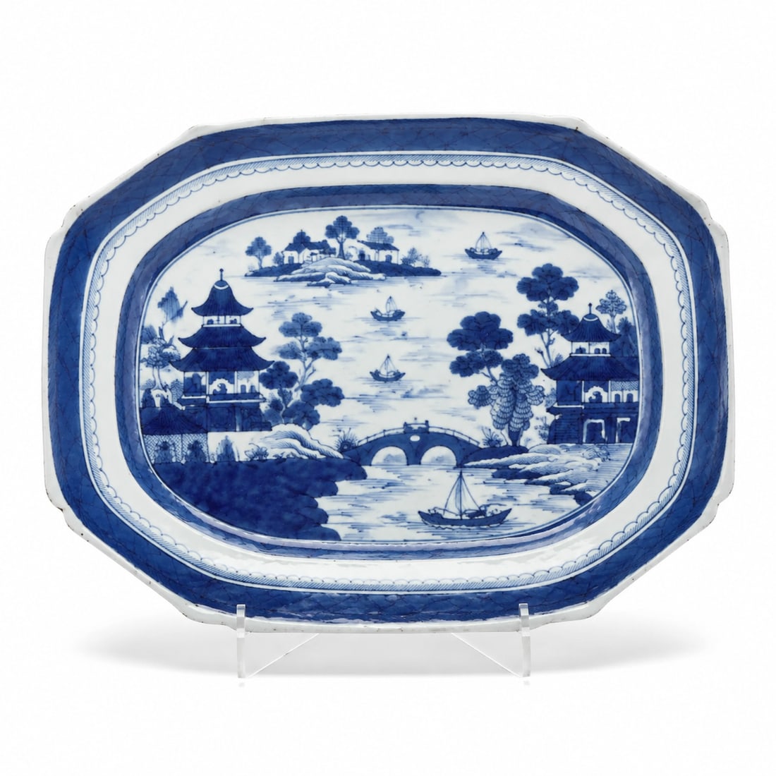 Chinese Canton Blue Export landscape Porcelain: Size: 15 inch. Provenance: From Allentown PA collector. Preview Day: Preview open On Sep 5th Sat 10AM-4 PM, welcome. We can offer Affordable, Reliable packing and shipping to all over the world for mo
