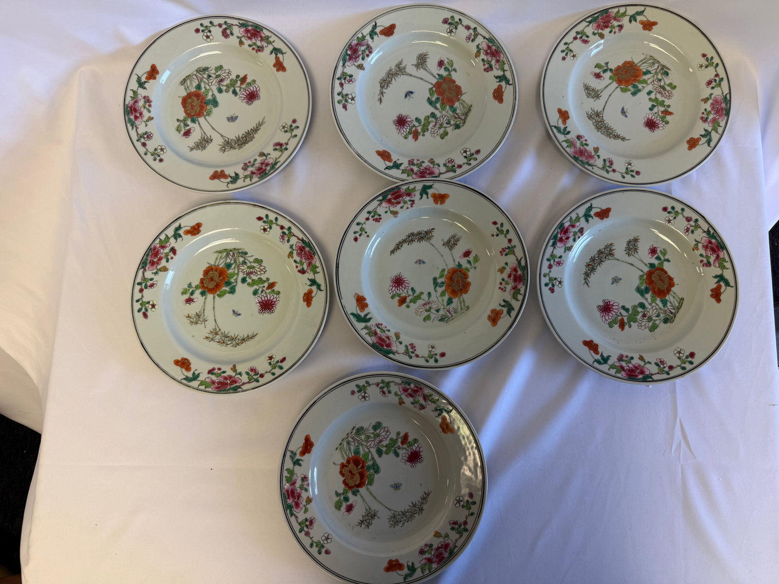 Set of 7 Chinese antique export famille rose flowers porcelain China plates mark (1 of 6)