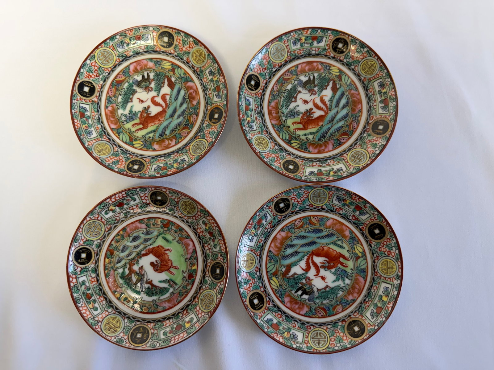 Set of 4 Chinese antique export famille rose saucers mark: Size: 4.5 inch. Provenance: From West Chester PA collector. Preview Day: Preview open On Sep 5th Sat 10AM-4 PM, welcome. We can offer Affordable, Reliable packing and shipping to all over the world fo