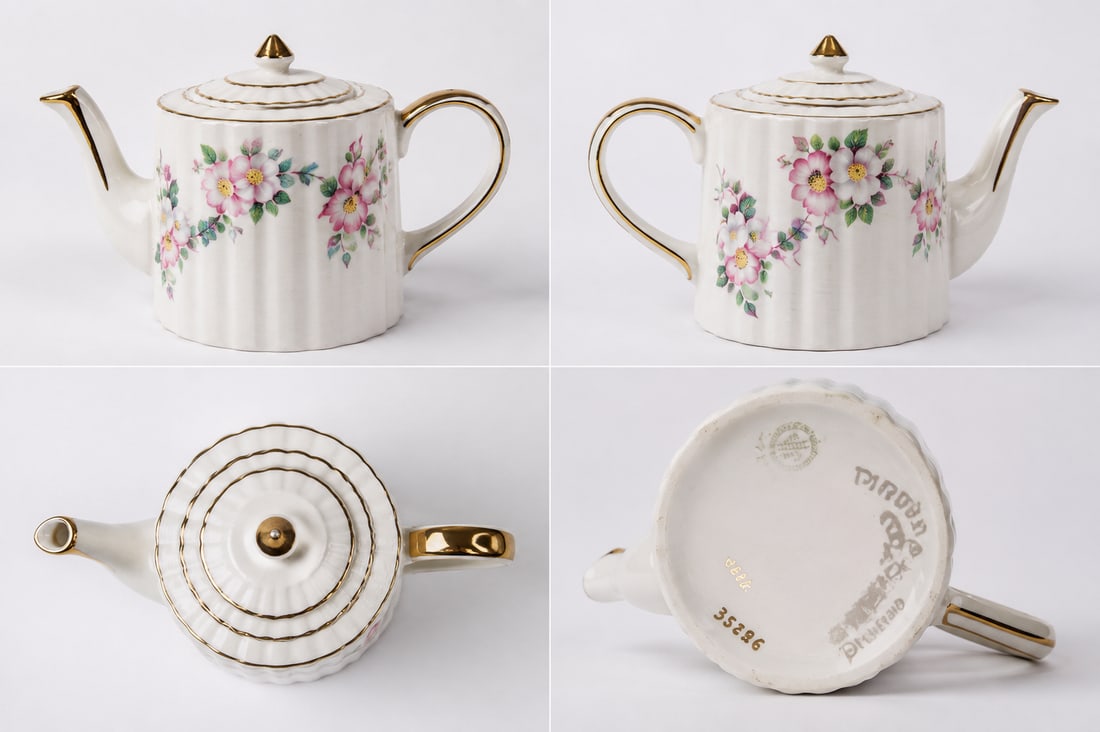 Floral Gold-Trimmed Porcelain Teapot: Size: 6 inch. Provenance: From West Media PA collector. Preview Day: Preview open On Sep 5th Sat 10AM-4 PM, welcome. We can offer Affordable, Reliable packing and shipping to all over theSize: 6