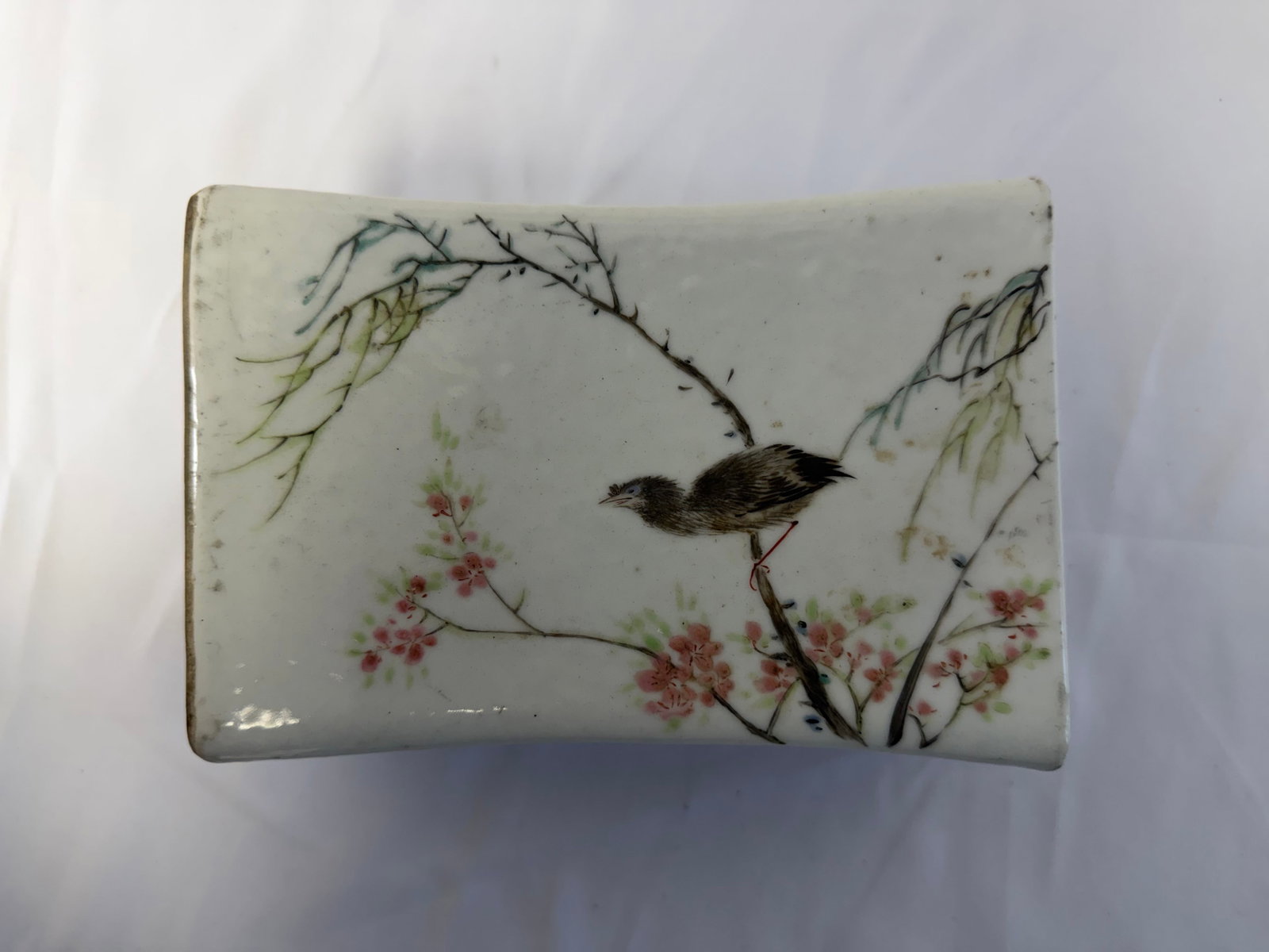Chinese famille rose porcelain landscape schloar pillow mark: Size: 7x3.1 inch. Provenance: From West Media PA collector. Preview Day: Preview open On Sep 5th Sat 10AM-4 PM, welcome. We can offer Affordable, Reliable packing and shipping to all over the world fo