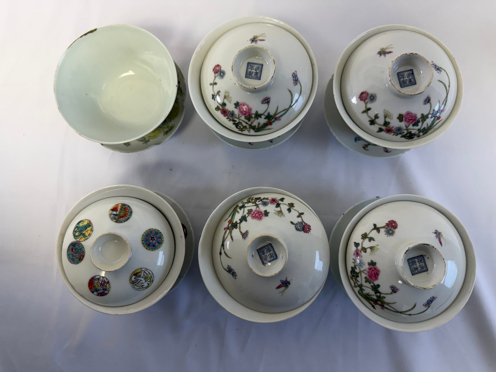 Set of 6 Chinese famille rose flowers China porcelain tea cups set mark (1 of 5)