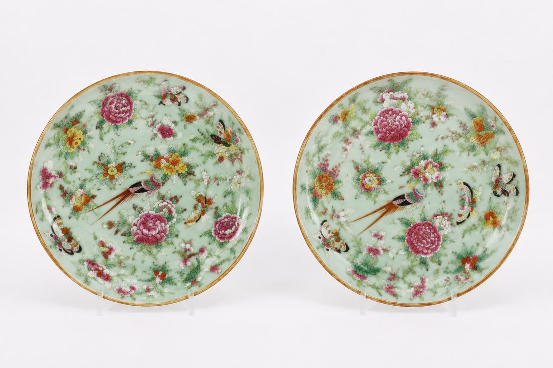 Pair Of Chinese Green Glazed Famille Rose Plates: Size: 9 inch. Provenance: From Wilmington DE collector. Preview Day: Preview open On Sep 5th Sat 10AM-4 PM, welcome. We can offer Affordable, Reliable packing and shipping to all over the world for mo