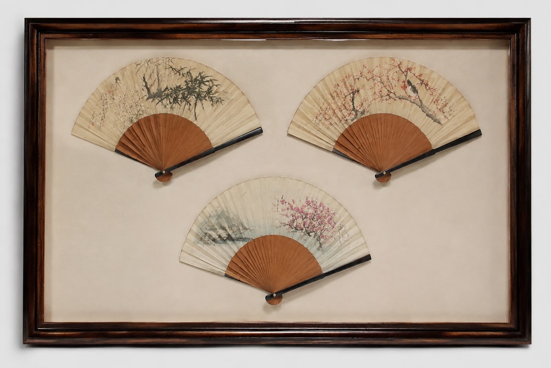Japanese Fans Framed: Size: Framed 35.5 x 17.5 inch. Provenance: From harrison NJ collector. Preview Day: Preview open On Sep 5th Sat 10AM-4 PM, welcome. We can offer Affordable, Reliable packing and shipping to all over t