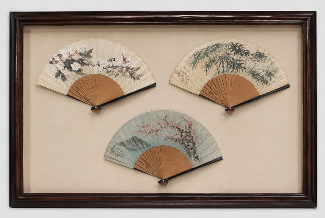 Japanese Fans Framed-B: Size: Framed 35.5 x 17.5 inch. Provenance: From harrison NJ collector. Preview Day: Preview open On Sep 5th Sat 10AM-4 PM, welcome. We can offer Affordable, Reliable packing and shipping to all over t