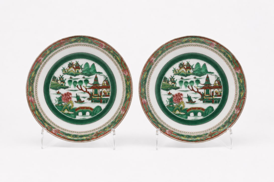 Pair Of Chinese Famille Rose Export landscape Plates: Size: 7 inch. Provenance: From Waldorf, MD collector. Preview Day: Preview open On Sep 5th Sat 10AM-4 PM, welcome. We can offer Affordable, Reliable packing and shipping to all over the world for most