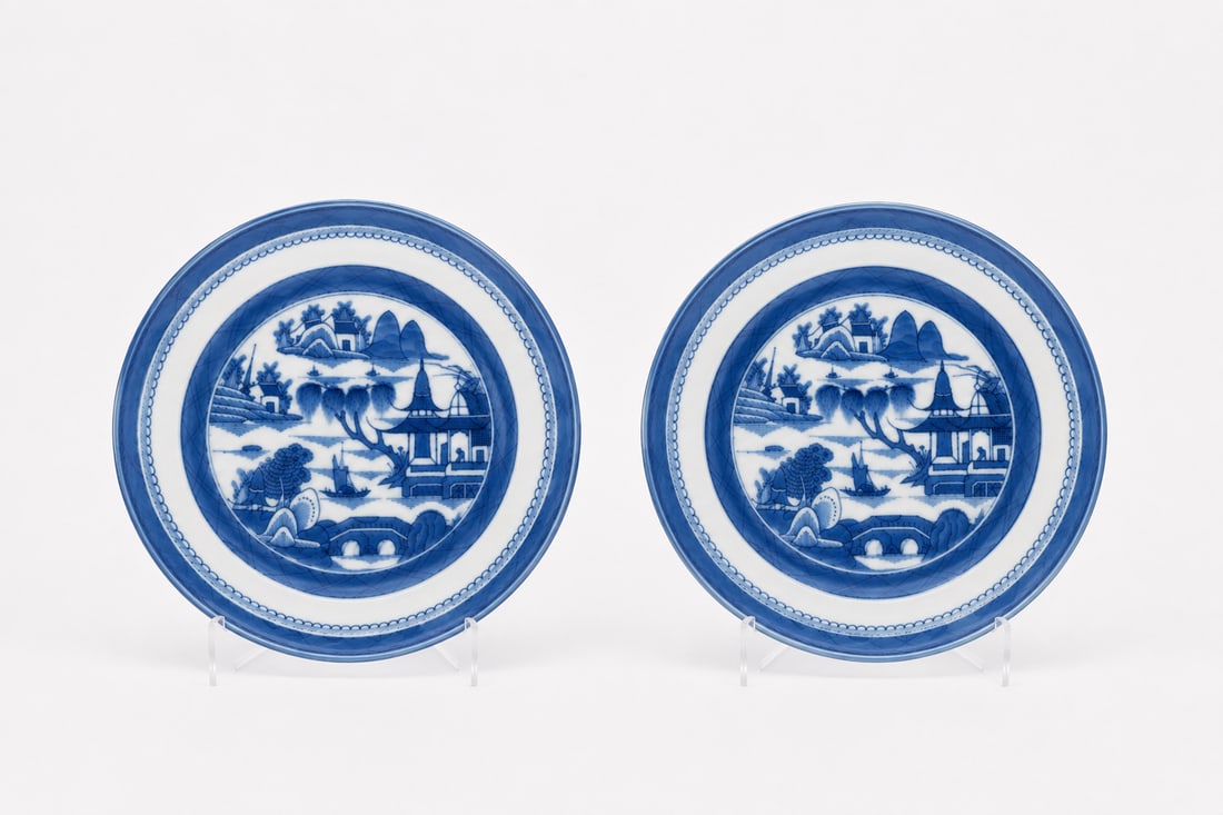 Pair Of Chinese Blue And White Landscape NANKING Plates: Size: 12.5 inch. Provenance: From Delaware City, DE collector. Preview Day: Preview open On Sep 5th Sat 10AM-4 PM, welcome. We can offer Affordable, Reliable packing and shipping to all over the world