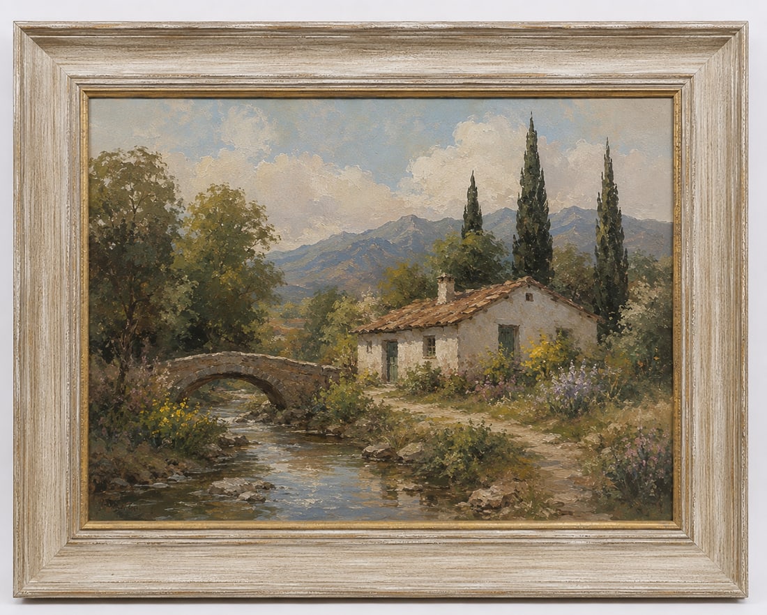 Vintage 1970 s Painting Oil rural A: Size: Framed 32 x 26.5 inch. Provenance: From Newark DE collector. Preview Day: Preview open On Sep 5th Sat 10AM-4 PM, welcome. We can offer Affordable, Reliable packing and shipping to all over the w