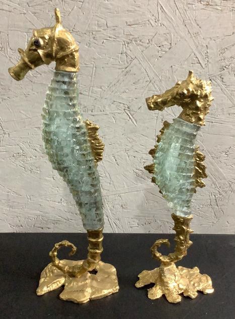 Kyriakos Tsirantonis Seahorse Sculptures: Buyer Premium 10% BP Kyriakos Tsirantonis Seahorse Sculptures Located in: Chattanooga, TN A two piece lot of gilt bronze and blown glass seahorse (14" & 11") sculptures by Kyriakos Tsirantonis. *Sold