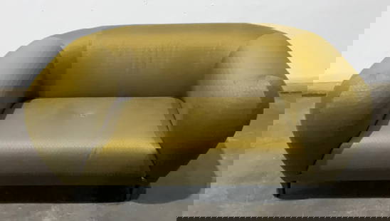 Roche Bobis "Montgolfiere" Loveseat: Buyer Premium 10% BP MFG Roche Bobis "Montgolfiere" Loveseat Size (WDH) 64"Wx45"Dx34"H Located in: Chattanooga, TN Roche Bobois "Montgolfiere" loveseat in parquet gold with a bronzed metal feet, desig