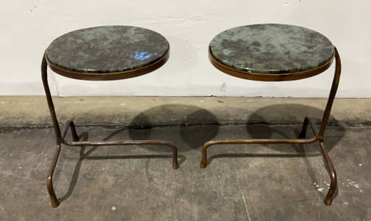 (2) Cantilever Granite Side Tables: Buyer Premium 10% BP Cantilever Granite Side Tables Size (WDH) 16"Wx13"Dx23-1/4"H Located in: Chattanooga, TN A pair of cantilever side tables with handmade wrought iron base and oval granite tops. Th