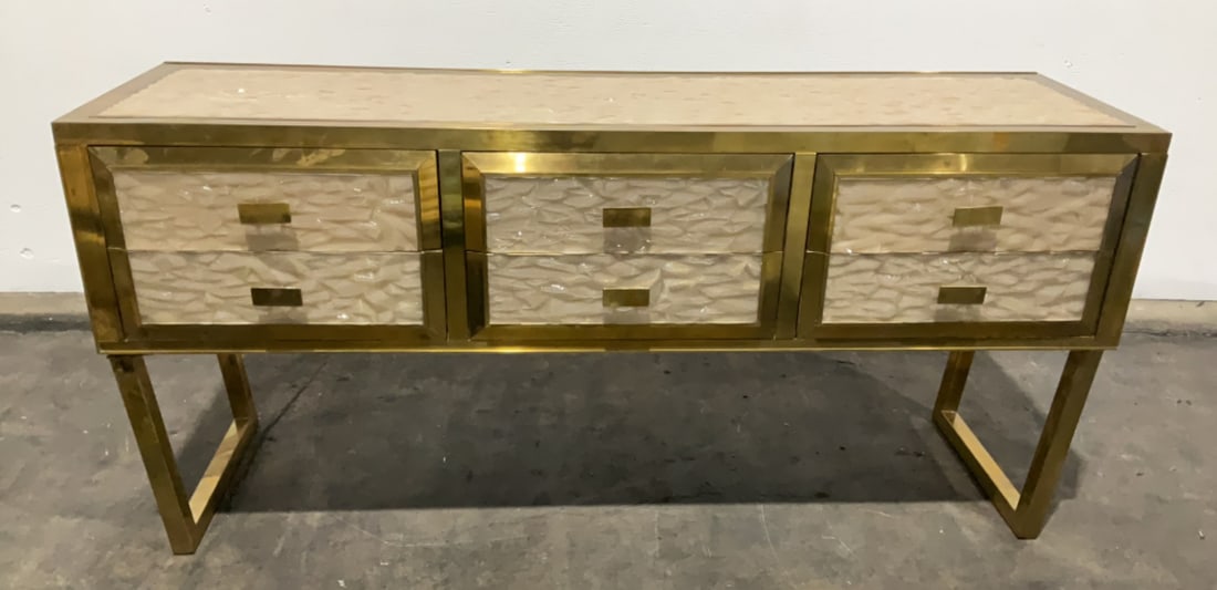 John Salibello Console Table: Buyer Premium 10% BP MFG John Salibello Console Table Size (WDH) 72"W x 20"D x 34"H Located in: Chattanooga, TN Acrylic and Brass *Sold as is Where is* 2093