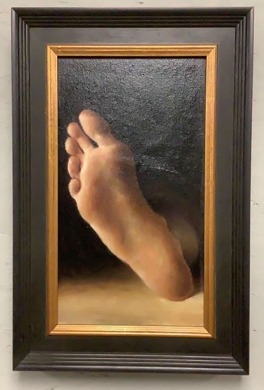 Anthony Ackrill "Sole" Oil on Board: Buyer Premium 10% BP MFG Anthony Ackrill "Sole" Oil on Board Size (WDH) 11-1/4"Wx17-1/4"H Located in: Chattanooga, TN An original oil on board by Anthony Ackrill, framed in black frame with gilt inner