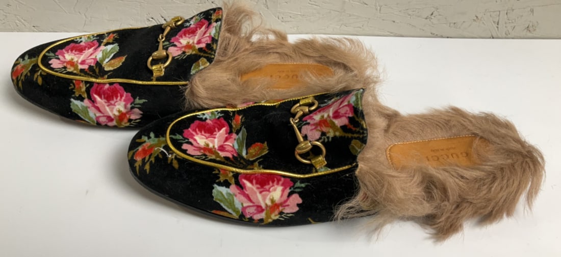 Gucci Velvet Floral Print Mules (1 of 7)