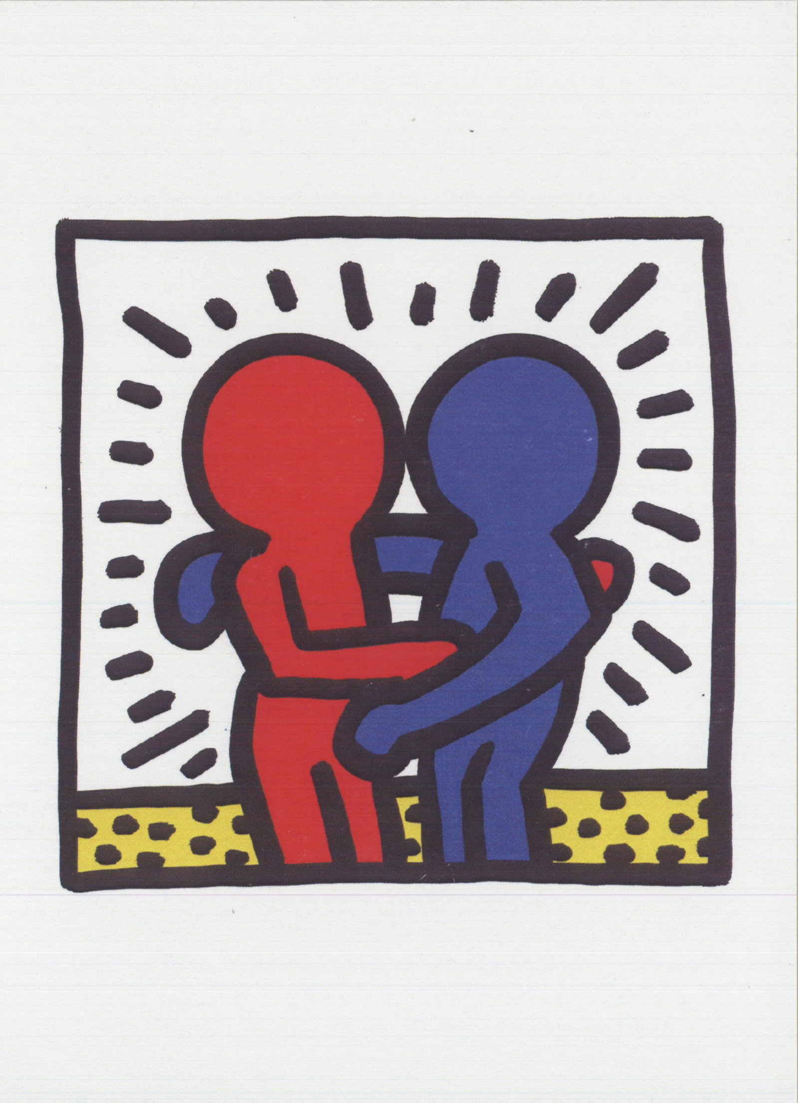 Hug: "Hug" by Keith Haring, 1992 Unsigned Offset Lithograph. Paper size is 6.75 x 4.75 inches, with an image size of 4 x 4 inches. The Offset Lithograph is from an unknown edition size. and is not framed. 
