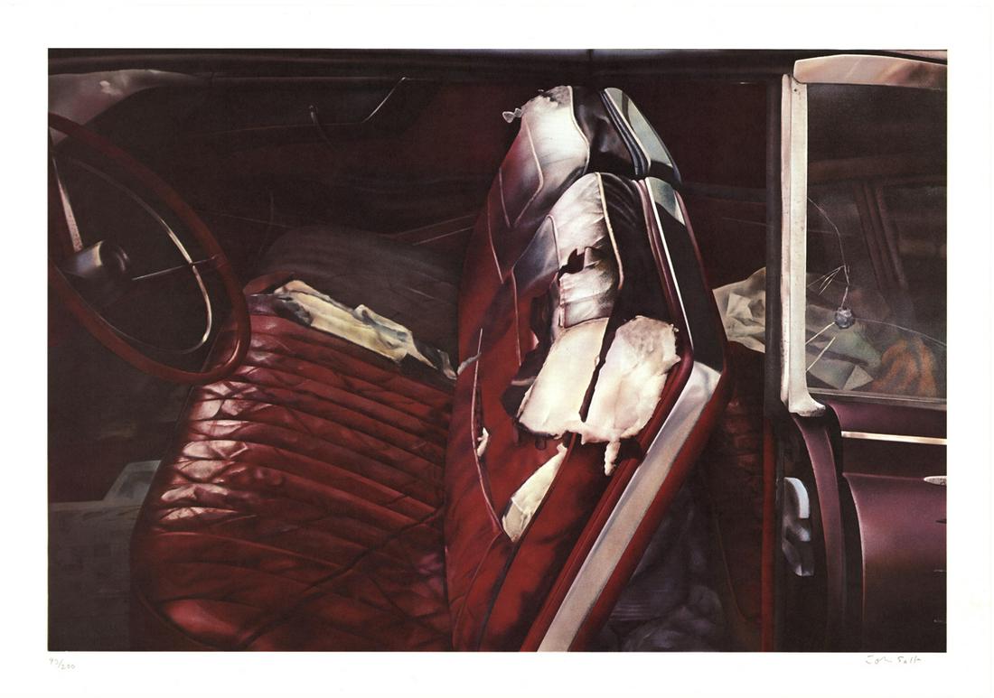 John Salt - Arrested Vehicle with Red Seats - 1972: "Arrested Vehicle with Red Seats" by John Salt, 1972 Signed Offset Lithograph. Paper size is 20 x 28.5 inches, with an image size of 17.25 x 25.75 inches. The Offset Lithograph is from an edition size