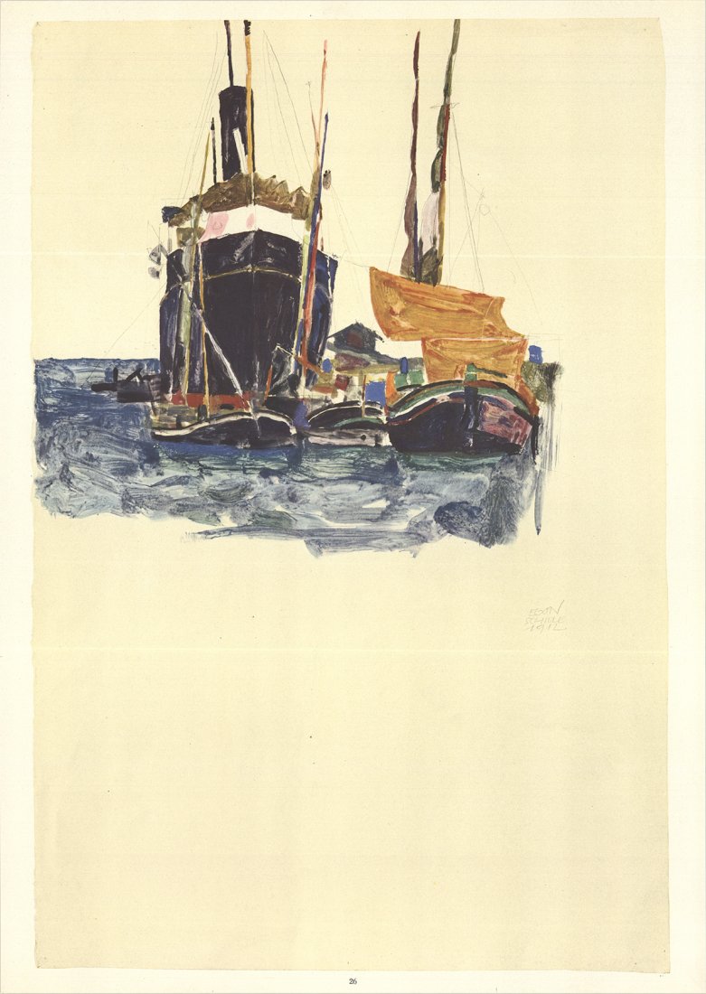Egon Schiele - Steamboat and Sailing Boats, Trieste: "Steamboat and Sailing Boats, Trieste Harbor" by Egon Schiele, 1968 Unsigned Offset Lithograph. Paper size is 19.75 x 13.75 inches, with an image size of 18.75 x 12.25 inches. The Offset Lithograph is