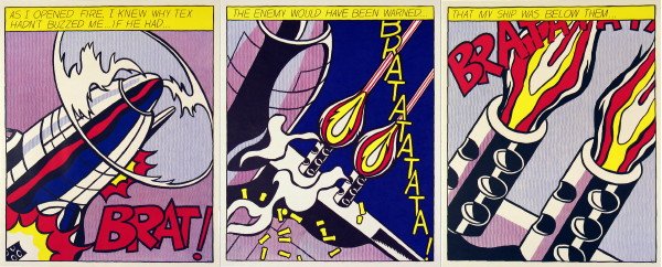 Lichtenstein As I Opened Fire Triptych: Reference #: ULAW1114 Artist Last Name: Lichtenstein Artist First Name: Roy Title: As I Opened Fire (Triptych) Medium: Offset Lithograph Paper Height: 25 inches Paper Size Width: 62 inches Image Heigh