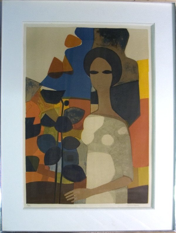 Minaux Woman with flowers Mourlot Lithograph: Reference #: ULXX1353-F Artist Last Name: Minaux Artist First Name: Andre Title: Woman with flowers Medium: Lithograph Paper Height: 34 inches Paper Size Width: 27 inches Image Height: 26 inches Image