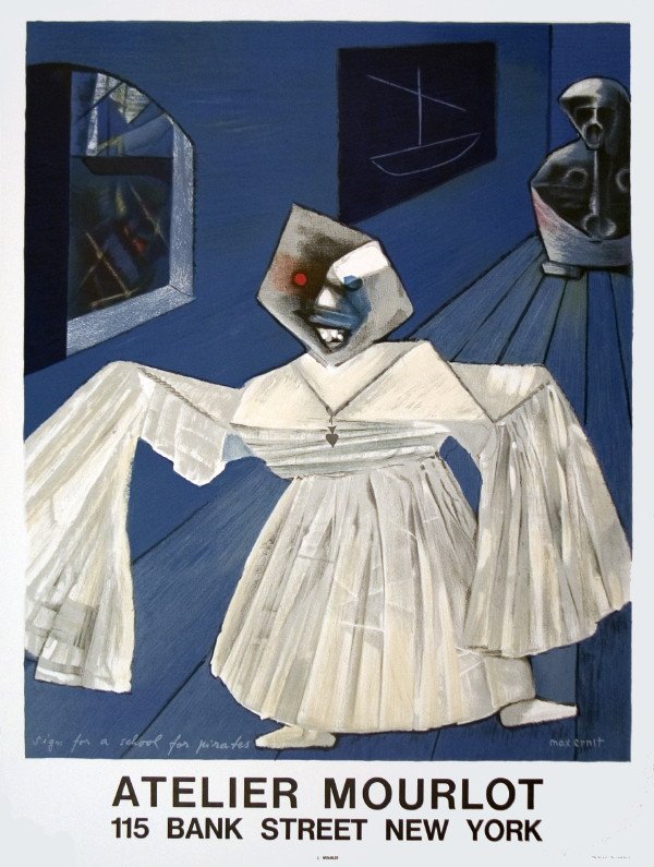 Ernst Sign for a School for Pirates Mourlot Lit: Reference #: ULXX8184 Artist Last Name: Ernst Artist First Name: Max Title: Sign for a School for Pirates Medium: Lithograph Paper Height: 28 inches Paper Size Width: 21 inches Image Height: 23.75 inc