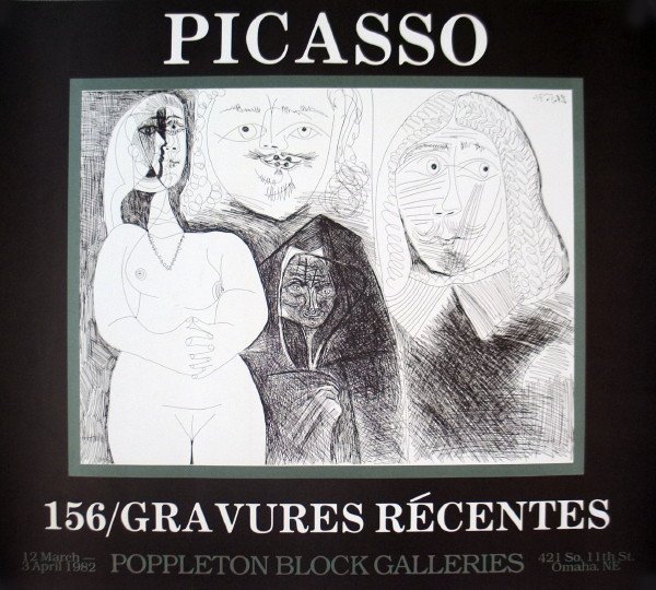1982 Picasso 156 GRAVURES RECENTES Poster: Reference #: ULXX8256 Artist Last Name: Picasso Artist First Name: Pablo Title: 156 GRAVURES RECENTES Medium: Offset Lithograph Paper Height: 24 inches Paper Size Width: 27 inches Image Height: 16 inc